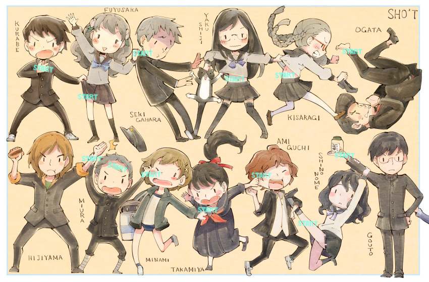 6+boys 6+girls absurdres amiguchi_shuu animal artist_name bag bandages bangs bj_(juusan_kihei_bouei_ken) black_hair black_jacket black_legwear black_skirt blonde_hair blush braid brown_hair buruma cat character_name chihiro_(juusan_kihei_bouei_ken) closed_eyes flower food fuyusaka_iori glasses gouto_renya grey_hair gym_uniform hair_flower hair_ornament hair_ribbon hairclip hand_on_hip hat highres hijiyama_takatoshi holding holding_food jacket juusan_kihei_bouei_ken kisaragi_tomi kurabe_juro long_hair long_sleeves minami_natsuno miura_keitaro multiple_boys multiple_girls neckerchief ogata_nenji one_eye_closed open_mouth out_of_frame pants pantyhose pill_bottle pompadour purple_neckwear red-framed_eyewear ribbon school_bag school_uniform sekigahara_ei shinonome_ryouko_(juusan_kihei_bouei_ken) shippou_(juusan_kihei_bouei_ken) sho.t short_hair simple_background skirt sweat takemiya_yuki thighhighs twin_braids wavy_mouth white_legwear yakushiji_megumi