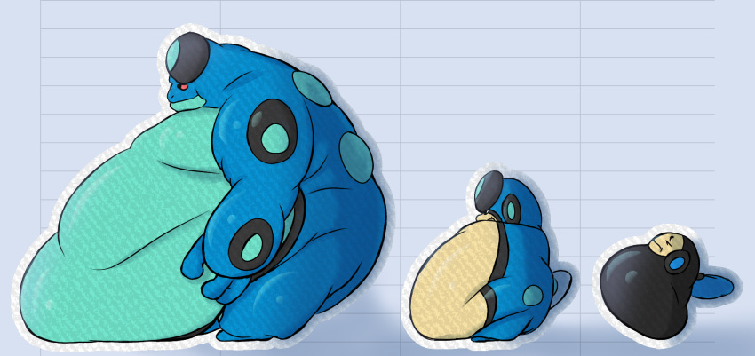 2020 ambiguous_gender amphibian belly belly_on_ground belly_overhang big_belly blue_body blueblu chub_(disambiguation) comparing comparing_belly frog frogs group hi_res morbidly_obese nintendo obese overweight palpitoad pok&eacute;mon pok&eacute;mon_(species) red_eyes seismitoad simple_background size_difference standing struggling superchub toad_(frog) tympole video_games