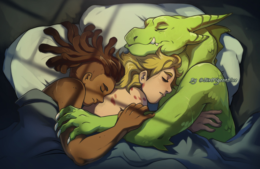 2020 anthro bed blonde_hair braided_hair dark_body dark_skin female furniture green_body green_scales group hair hi_res hickey human interspecies kyle_(she-ra) lizard lonnie_(she-ra) male male/female male/male mammal masters_of_the_universe mattel netflix on_bed pigeon_blue polyamory reptile rogelio romantic_polycule scales scalie she-ra_and_the_princesses_of_power sleeping under_covers
