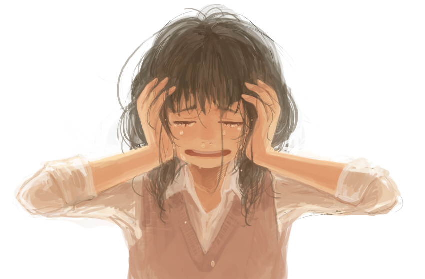 1girl backlighting bangs black_hair closed_eyes collared_shirt commentary crying furrowed_eyebrows hair_strand hands_on_own_head highres long_sleeves mame_usagi messy_hair open_mouth original runny_nose sad shirt simple_background sobbing solo sweater_vest tears thick_eyebrows upper_body white_background white_shirt