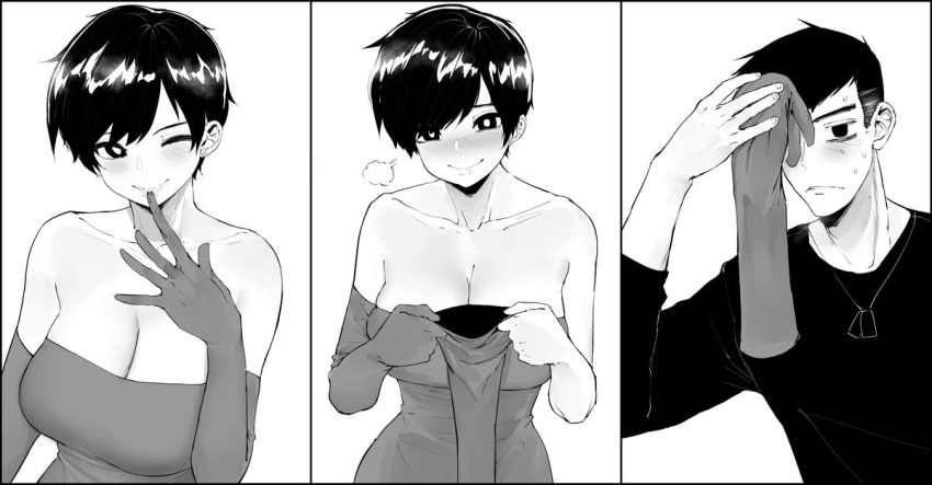 1boy 1girl bangs bare_shoulders black_shirt blush breasts cleavage closed_mouth dress elbow_gloves finger_to_mouth gloves greyscale large_breasts monochrome norman_maggot olive_laurentia one_eye_closed original pixie_cut shirt short_hair sigit_martinus smile strapless strapless_dress sweat