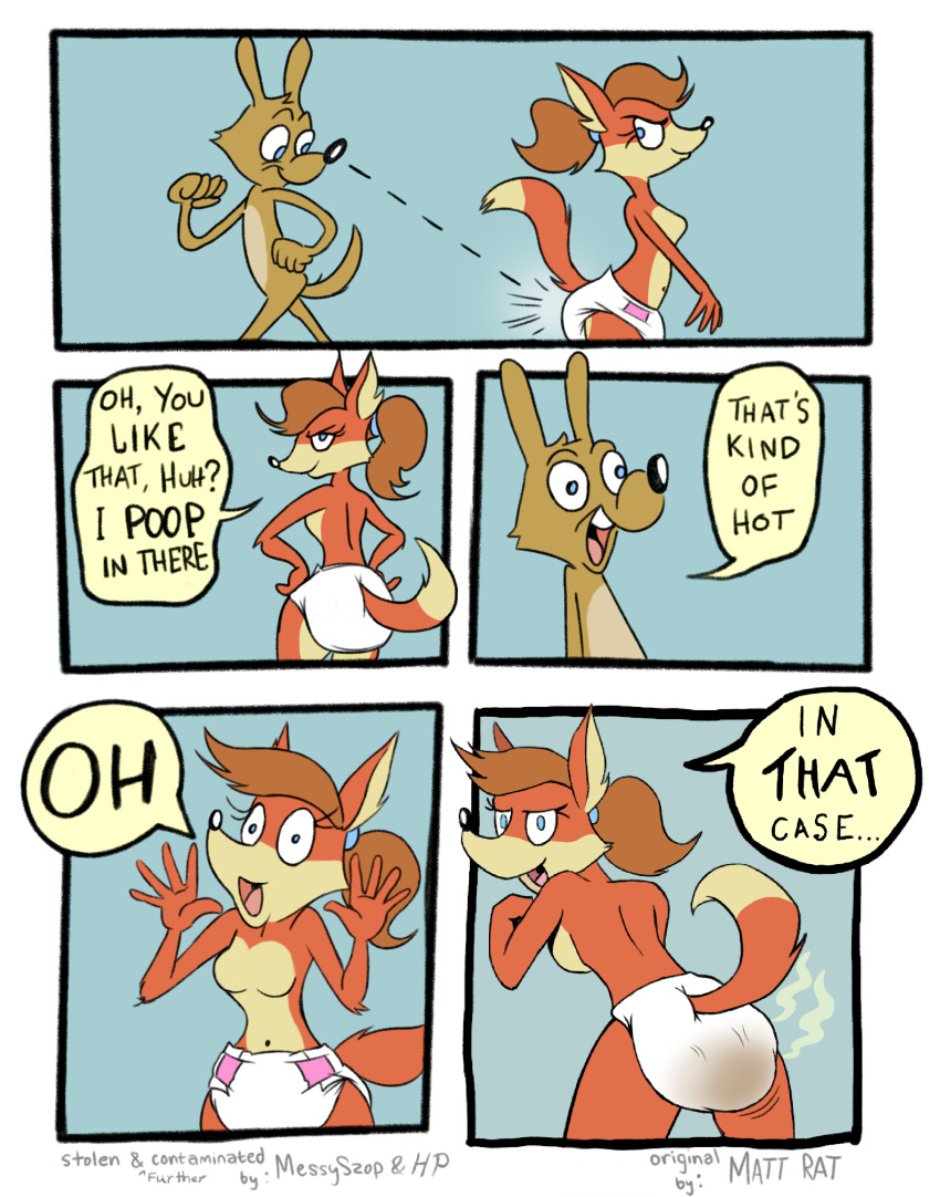 absurd_res anthro breasts canid canine comic dialogue diaper digital_media_(artwork) duo english_text feces female fox fur hair hi_res hodgepodgedl lagomorph leporid male male/female mammal matt_rat meme messy_diaper messyszop nude open_mouth pooping rabbit scat seductive simple_background smile soiled_diaper soiling soiling_diaper speech_bubble text that's_kind_of_hot