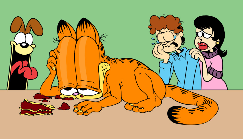 anthro bodily_fluids canid canine canis cryena crying domestic_cat domestic_dog dr._liz_wilson felid feline felis female feral food garfield_(series) garfield_the_cat group hi_res human jon_arbuckle lasagna male mammal odie_the_dog pasta scared tears