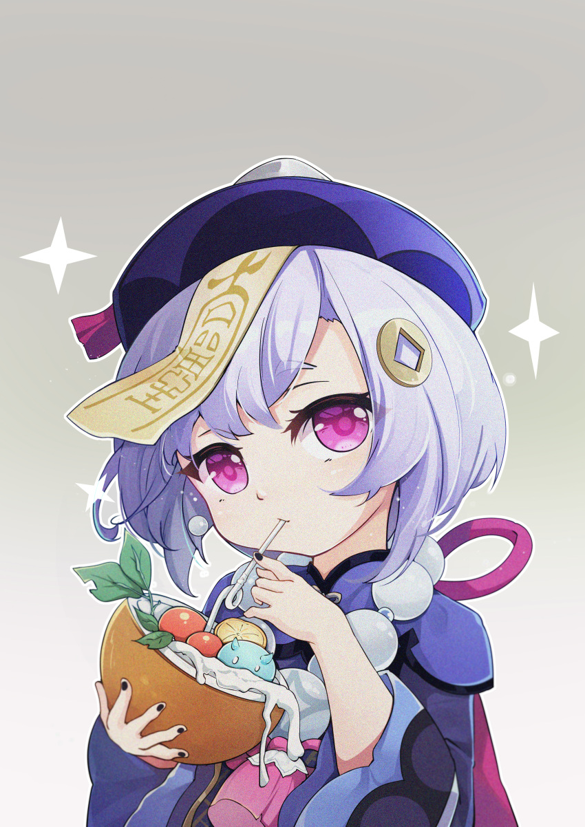 1girl absurdres bangs bead_necklace beads blush braid coconut coin coin_hair_ornament drinking drinking_straw food_request genshin_impact hair_between_eyes hat highres jewelry long_sleeves looking_at_viewer necklace purple_eyes purple_hair purple_headwear qing_guanmao qingye_ling qiqi slime_(genshin_impact) solo sparkle star_(symbol) talisman wide_sleeves