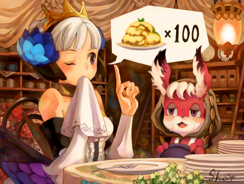 1girl animal_ear_fluff animal_ears armor armored_dress bangs blush breasts bunny_ears chair crown detached_sleeves dress food fork gwendolyn_(odin_sphere) highres hood hood_up index_finger_raised lantern multicolored multicolored_wings napkin odin_sphere one_eye_closed open_mouth plate pooka_(odin_sphere) purple_eyes sho.t short_hair signature sitting sweat table white_hair wings wiping_mouth