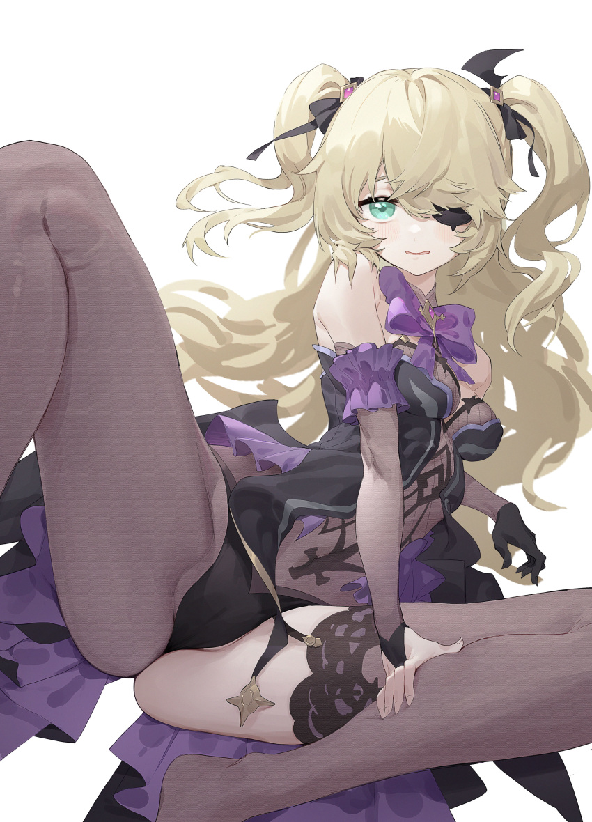 1girl absurdres black_legwear blonde_hair bodysuit bow bowtie breasts cameltoe dress eyepatch fischl_(genshin_impact) fishnet_bodysuit fishnets genshin_impact green_eyes gua61 hair_ribbon half-closed_eyes highres looking_at_viewer open_clothes open_dress open_mouth ribbon simple_background small_breasts solo spread_legs twintails white_background