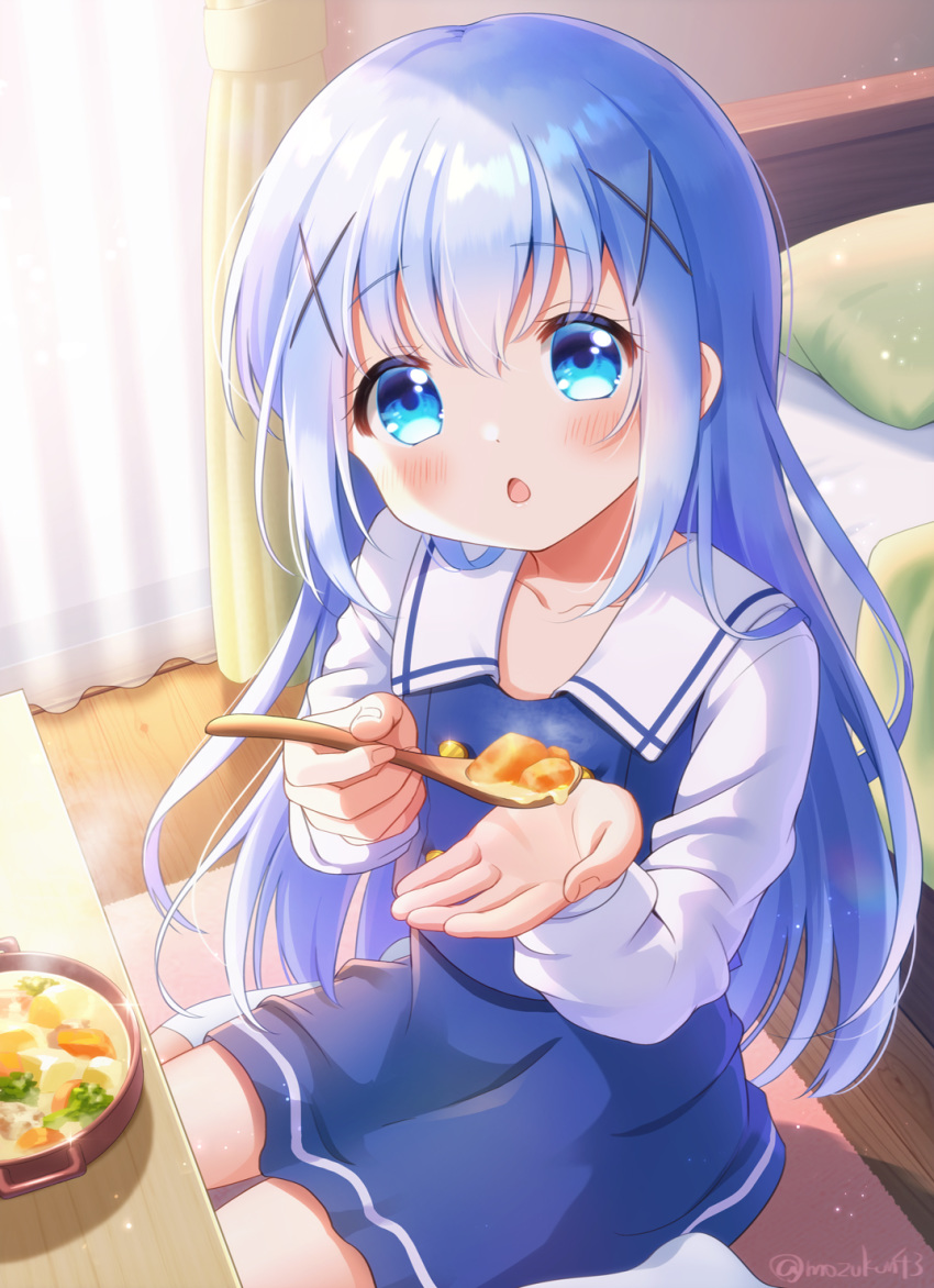 1girl :o bangs bed blue_eyes blue_hair blue_skirt blush curtains feeding food gochuumon_wa_usagi_desu_ka? hair_between_eyes hair_ornament highres holding holding_spoon indoors kafuu_chino kafuu_chino's_school_uniform long_sleeves looking_at_viewer mozukun43 pov school_uniform sitting skirt socks solo spoon steam stew twitter_username wariza white_legwear wooden_floor wooden_spoon x_hair_ornament