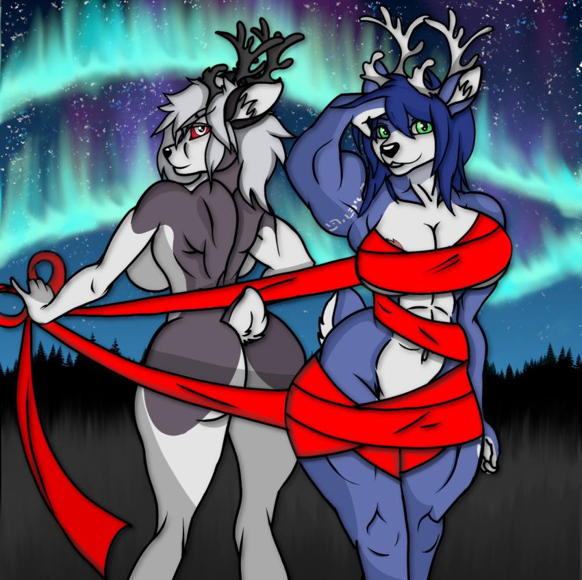 2020 abs alternate_form anthro antlers black_nose blue_hair capreoline cervid christmas crossover duo female fur green_eyes grey_body grey_fur hair helluva_boss hi_res holidays horn inner_ear_fluff krystal loona_(vivzmind) mammal markings multicolored_body multicolored_fur muscular muscular_anthro muscular_female navel nintendo oleanderin red_sclera reindeer ribbons scut_tail star_fox tattoo tuft video_games white_body white_eyes white_fur white_hair white_inner_ear