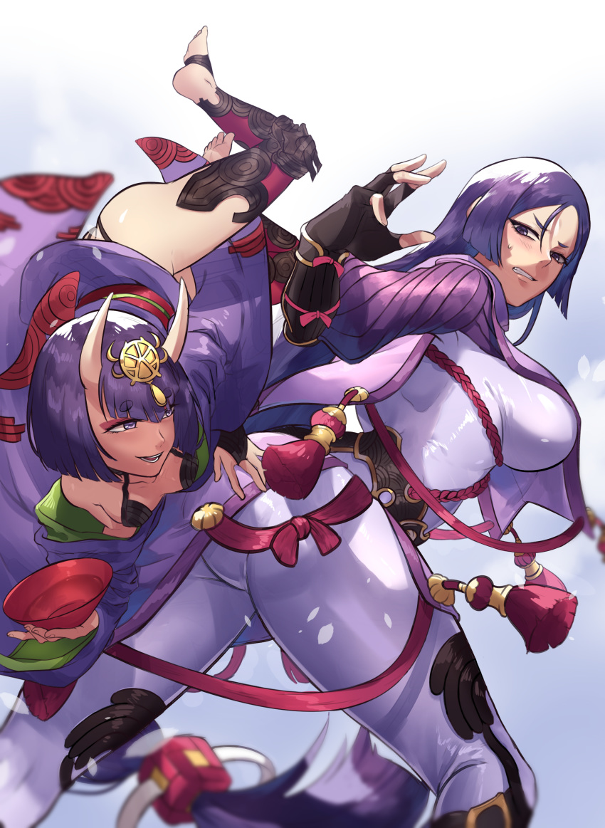 2girls absurdres arm_guards barefoot_sandals black_gloves bob_cut bodysuit breasts chan100577 cup fate/grand_order fate_(series) fingerless_gloves gloves headpiece highres horns japanese_clothes kimono large_breasts loincloth long_hair low-tied_long_hair makeup minamoto_no_raikou_(fate/grand_order) multiple_girls oni oni_horns open_clothes open_kimono purple_bodysuit purple_eyes purple_hair purple_kimono revealing_clothes ribbed_sleeves rope sakazuki short_eyebrows short_hair shuten_douji_(fate/grand_order) skin-covered_horns tabard very_long_hair