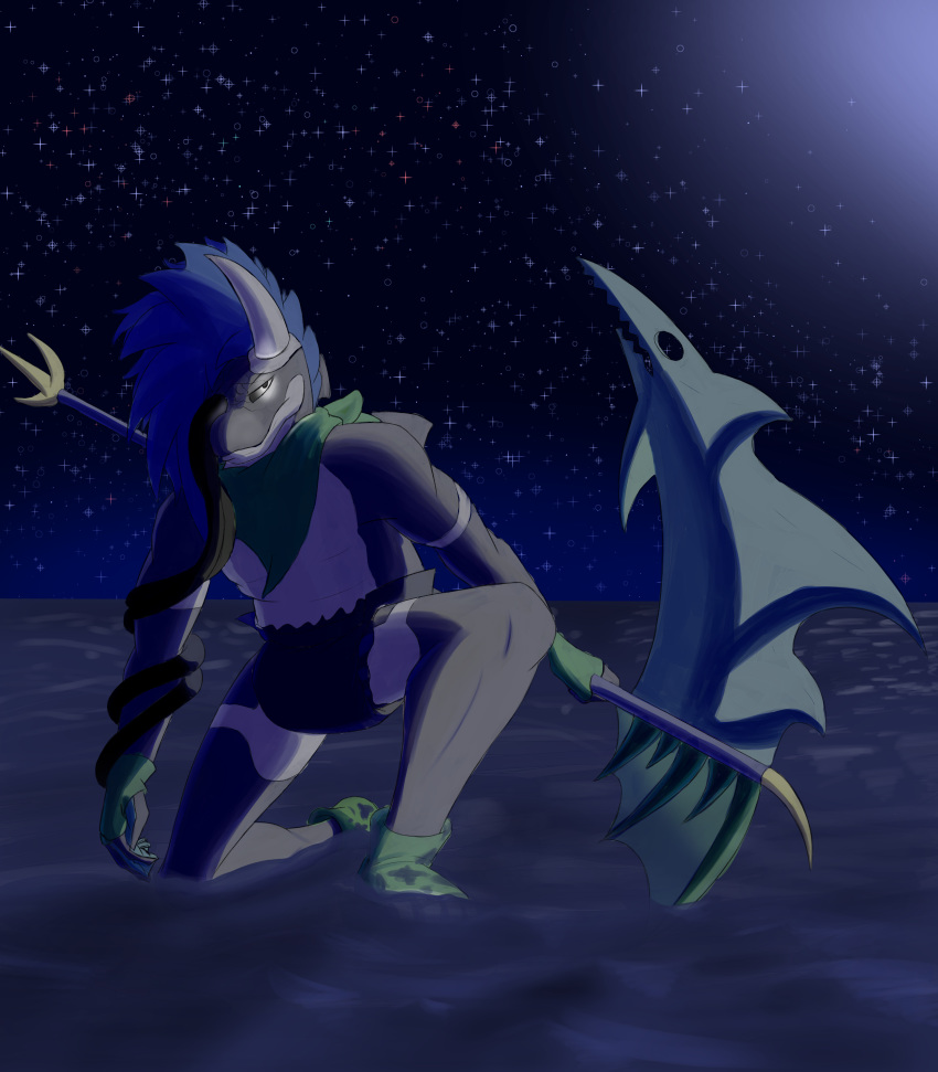 absurd_res anthro cetacean delphinoid diaper dro glowing hi_res infantilism lonegreenorcacalf male mammal marine melee_weapon night oceanic_dolphin orca polearm scythe sea sky solo star toothed_whale water weapon