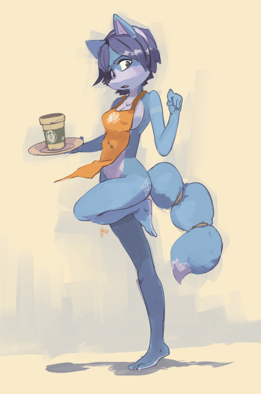 absurd_res anthro apron apron_only beverage canid canine clothing coffee edtropolis female fox hi_res krystal mammal mostly_nude nintendo solo star_fox video_games waiter