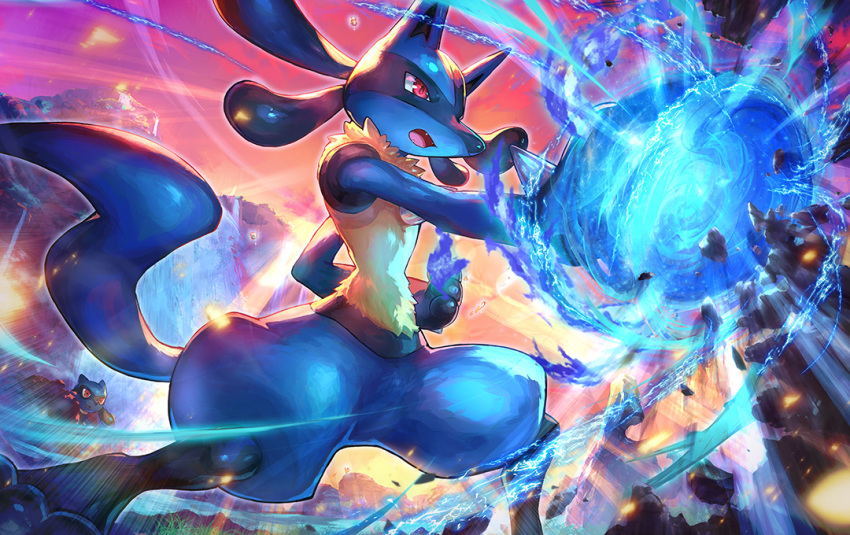 commentary_request energy fangs gen_4_pokemon legs_apart lucario nijimaarc open_mouth outdoors pokemon pokemon_(creature) riolu shiny spikes standing tongue yellow_fur