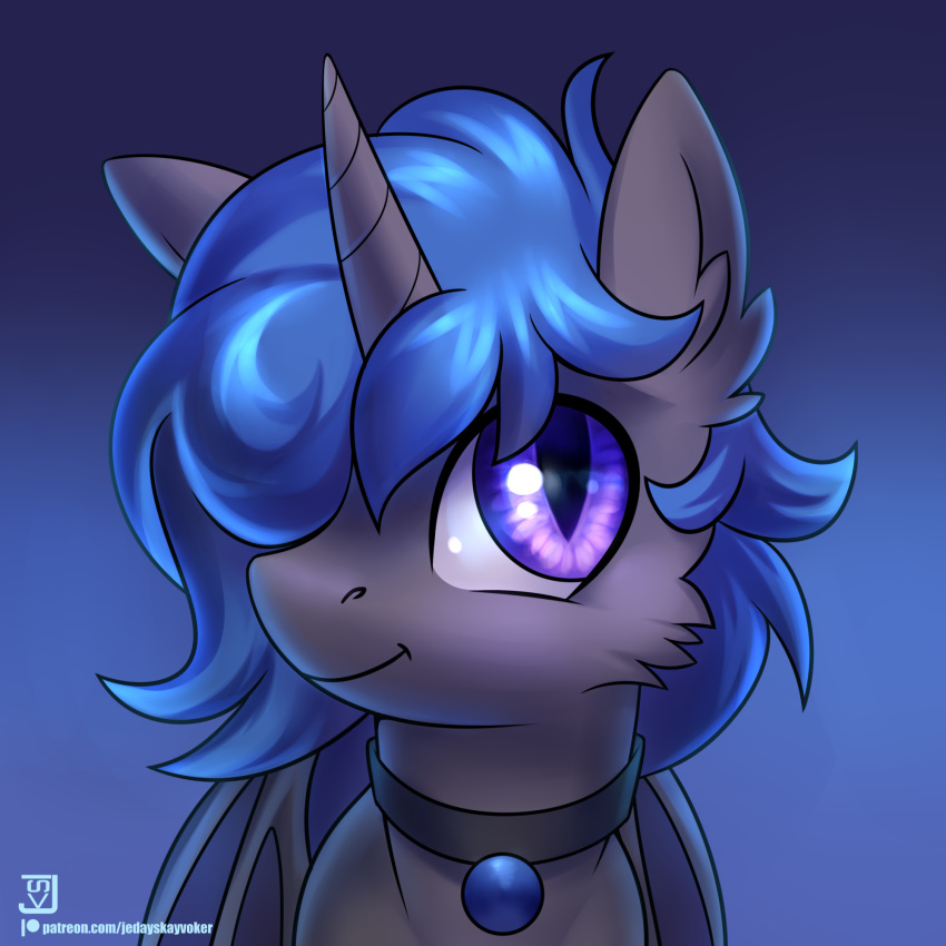1:1 bat_pony black_body black_fur blue_background blue_mane blue_wings cheek_tuft collar english_text equid facial_tuft fan_character female feral fur hair hair_over_eye hasbro hi_res horn inner_ear_fluff jedayskayvoker looking_at_viewer mammal mane membrane_(anatomy) membranous_wings my_little_pony one_eye_obstructed portrait purple_eyes signature simple_background smile solo text tuft url wings