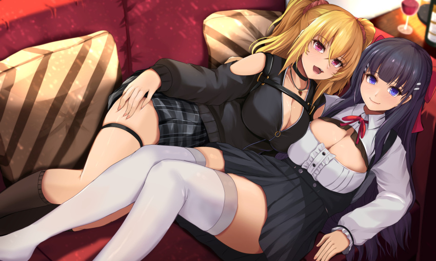 2girls bangs black_choker black_hair black_legwear black_skirt black_sweater blonde_hair blue_eyes blush breasts center_frills choker cleavage cleavage_cutout closed_mouth clothing_cutout collared_shirt commentary_request couch cup drinking_glass eyebrows_visible_through_hair frills hair_ornament hair_ribbon hair_scrunchie hairclip heart heart_necklace high-waist_skirt indoors jewelry kanzaki_kureha kneehighs large_breasts long_hair long_sleeves looking_at_viewer lying multiple_girls neck_ribbon necklace on_back on_couch on_side open_mouth original pillow plaid plaid_skirt pleated_skirt purple_eyes red_ribbon ribbon scrunchie shirt shirt_tucked_in shoulder_cutout skirt sleeves_past_wrists smile sweater thigh_strap thighhighs twintails upper_teeth white_legwear white_shirt wine_glass zettai_ryouiki