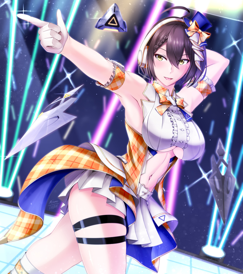 1girl :d ahoge arm_behind_head arm_strap armpits azur_lane baltimore_(azur_lane) baltimore_(muse)_(azur_lane) bangs bare_shoulders blush boots bow braid breasts brown_hair center_frills center_opening clothing_cutout collared_shirt commentary_request cowboy_shot crop_top dutch_angle eyebrows_visible_through_hair floating floating_object french_braid frills gloves glowstick hair_between_eyes hat headset heart_buckle highres idol large_breasts looking_to_the_side mini_hat misono_chiaki navel navel_cutout official_alternate_costume open_mouth orange_bow outstretched_arm pleated_skirt pointing shirt short_hair sidelocks signature skindentation skirt sleeveless sleeveless_shirt smile solo sparkle stage stage_lights standing thigh_boots thigh_strap thighhighs tongue twisted_torso underboob underboob_cutout white_footwear white_gloves white_shirt white_skirt yellow_eyes