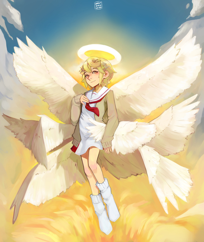 1girl absurdres angel artist_name brown_eyes cloud dated day full_body halo highres huge_filesize inukai_michiru kartprowler long_sleeves looking_at_viewer munou_na_nana outdoors school_uniform serafuku short_hair solo white_legwear wings