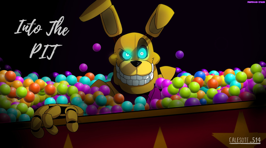 &gt;:) 2020 ambiguous_gender animatronic anthro ball ball_pit big_hands big_head big_teeth black_background black_nose blue_eyes calesote514 dilated_pupils english_text eyebrows fingers five_nights_at_freddy's five_nights_at_freddy's:_fazbear_frights glowing glowing_eyes hi_res into_the_pit lagomorph leporid long_ears looking_at_viewer machine mammal rabbit raised_eyebrow robot signature simple_background smile spring_bonnie_(fnaf) star teeth text video_games yellow_body