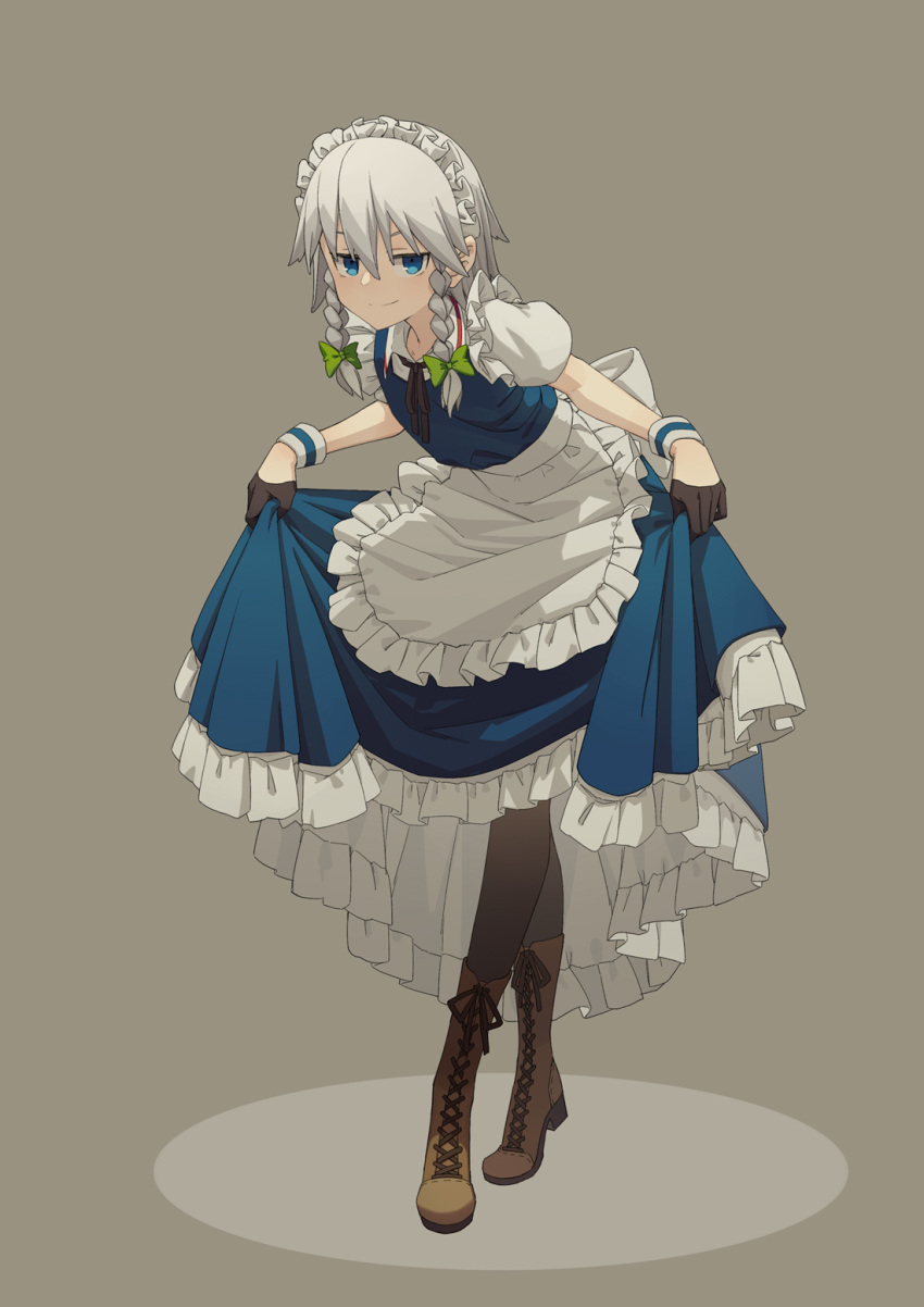 14mango 1girl apron bangs black_gloves black_legwear blue_dress blue_eyes boots bow braid brown_footwear commentary_request curtsey dress eyebrows_behind_hair finger_gloves flat_chest frills full_body gloves green_bow grey_background hair_between_eyes hair_bow hair_ribbon highres izayoi_sakuya jitome leaning_forward looking_at_viewer maid_apron maid_headdress pantyhose petticoat puffy_short_sleeves puffy_sleeves ribbon short_hair short_sleeves side_braids silver_hair simple_background solo touhou tress_ribbon twin_braids white_apron white_headwear