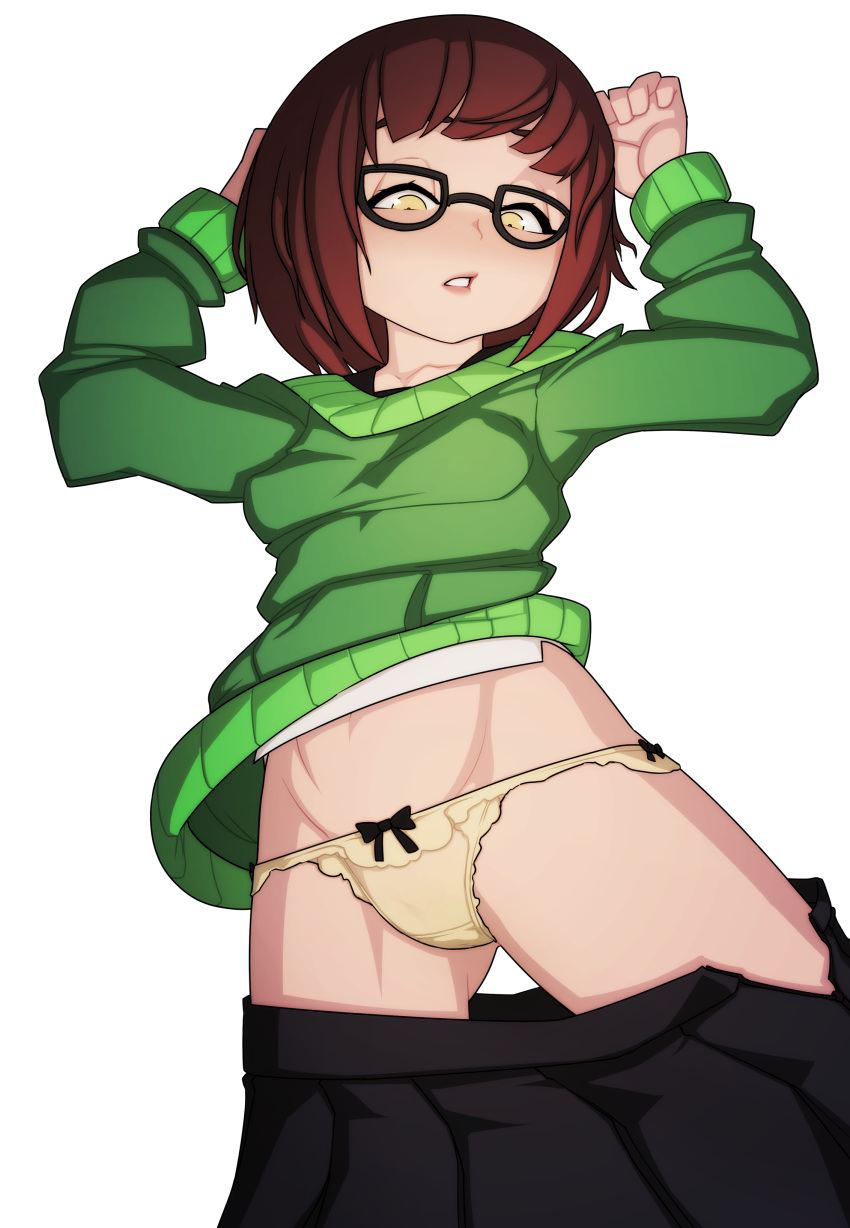 1girl absurdres arms_up ass_visible_through_thighs bangs black-framed_eyewear black_skirt blsh blush bob_cut bow bow_panties breasts brown_hair clitoral_hood collarbone from_above glasses green_sweater groin half-closed_eyes highres long_sleeves looking_down lying navel nose_blush on_back open_clothes open_skirt panties parted_lips pleated_skirt pussy see-through shirt sho-tan_(thedoujin) short_hair sidelocks simple_background skirt skirt_pull small_breasts solo spread_legs sweater teeth thedoujin uncensored underwear white_background white_shirt yellow_eyes yellow_panties