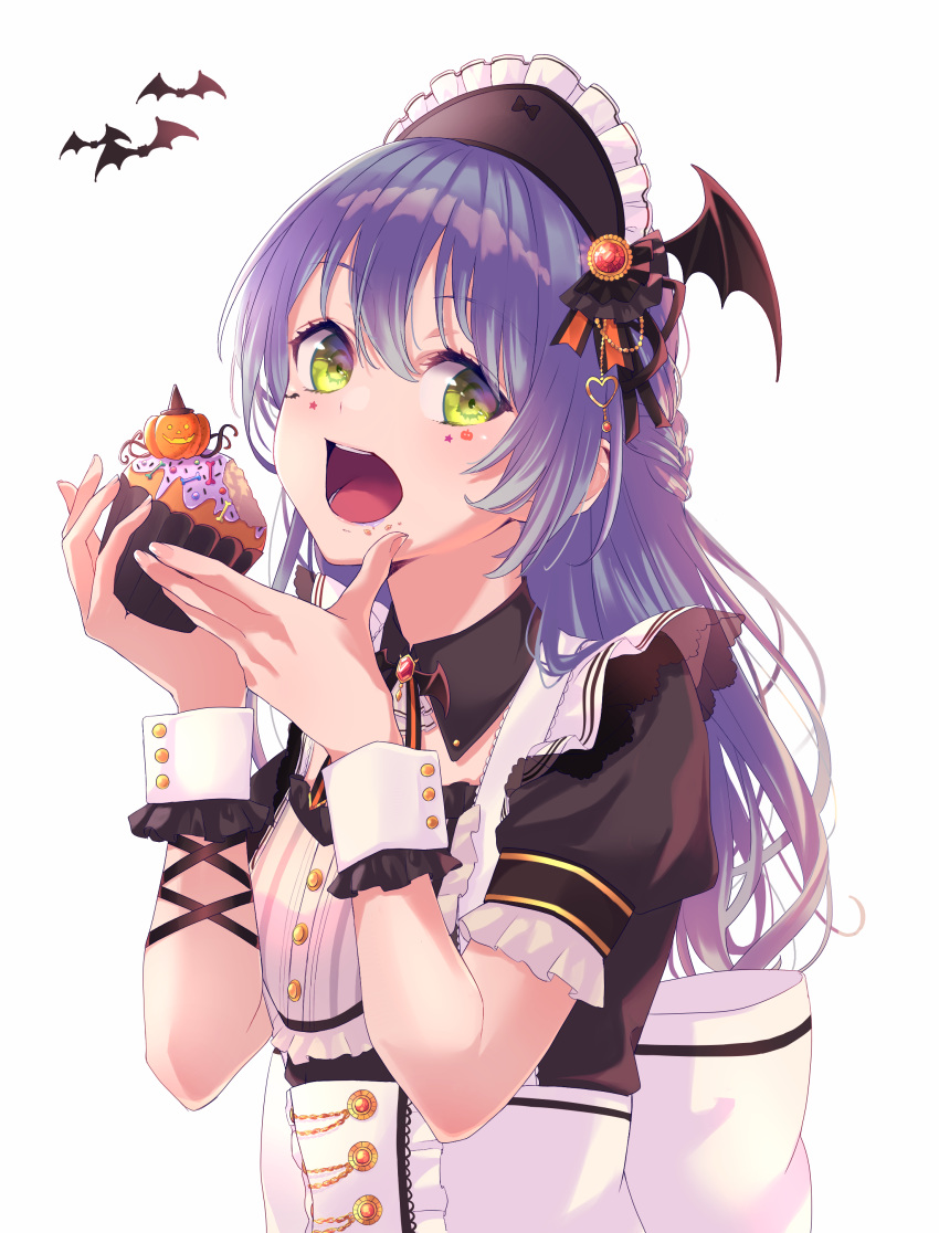 1girl absurdres asahi_rokka bang_dream! bangs bat bat_hair_ornament blue_hair bow cosplay crumbs cupcake eating eyebrows_visible_through_hair food food_on_face gem green_eyes hair_ornament halloween highres holding holding_food jack-o'-lantern large_bow long_hair looking_at_viewer open_mouth persimmon2 simple_background solo upper_body waitress white_background wiping_mouth wrist_cuffs