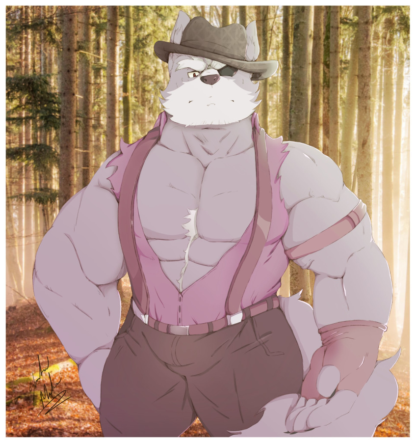 2020 abs anthro armband barazoku belt border bottomwear canid canine canis chest_tuft clothed clothing cowboy cowboy_hat detailed_background eye_patch eyebrows eyewear fingerless_gloves forest gloves handwear hat headgear headwear hi_res looking_at_viewer male mammal muscular muscular_anthro muscular_male nintendo open_clothing open_topwear open_vest outside pants pecs plant shadowmatamori signature solo standing star_fox suspenders topwear tree tuft vest video_games white_border wolf wolf_o'donnell