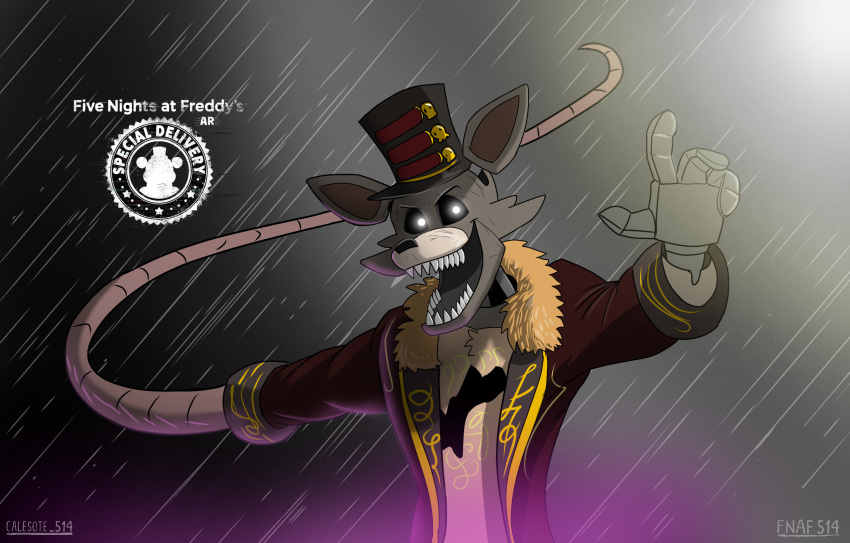 2020 4_fingers animatronic anthro black_nose black_sclera bone calesote514 canid canine clothed clothing coat english_text fingers five_nights_at_freddy's five_nights_at_freddy's_ar fox foxy_(fnaf) fur glowing glowing_eyes grey_background grey_body grey_fur hat headgear headwear hi_res looking_at_viewer machine male mammal metal metallic metallic_body multicolored_body open_mouth portrait pose raining raised_arm ringmaster ringmaster_foxy_(fnaf) robot sharp_teeth signature simple_background skull smile solo tan_body tan_fur teeth text top_hat topwear torn_body video_games whip whip_hand white_eyes yellow_body