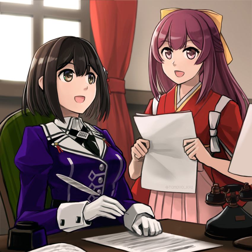 2girls black_hair bow brown_eyes cowboy_shot desk gloves haguro_(kantai_collection) hair_bow hair_ornament hakama highres ink_bottle japanese_clothes kamikaze_(kantai_collection) kantai_collection long_hair meiji_schoolgirl_uniform military military_uniform multiple_girls paper phone pink_hakama purple_eyes purple_hair quill remodel_(kantai_collection) short_hair smile tasuki tomoyo_kai uniform upper_body white_gloves window yellow_bow