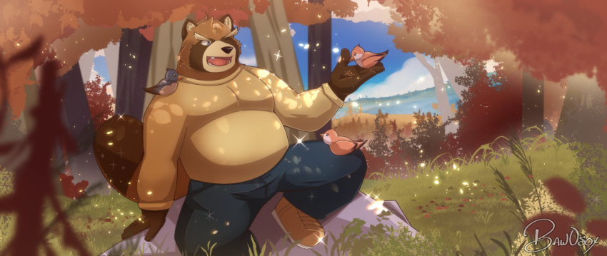 2020 ambient_bird anthro avian baw0sox belly bird bottomwear brown_body brown_fur canid canine clothing detailed_background fur hi_res humanoid_hands male mammal outside overweight overweight_anthro overweight_male pants plant raccoon_dog sitting solo tanuki tree