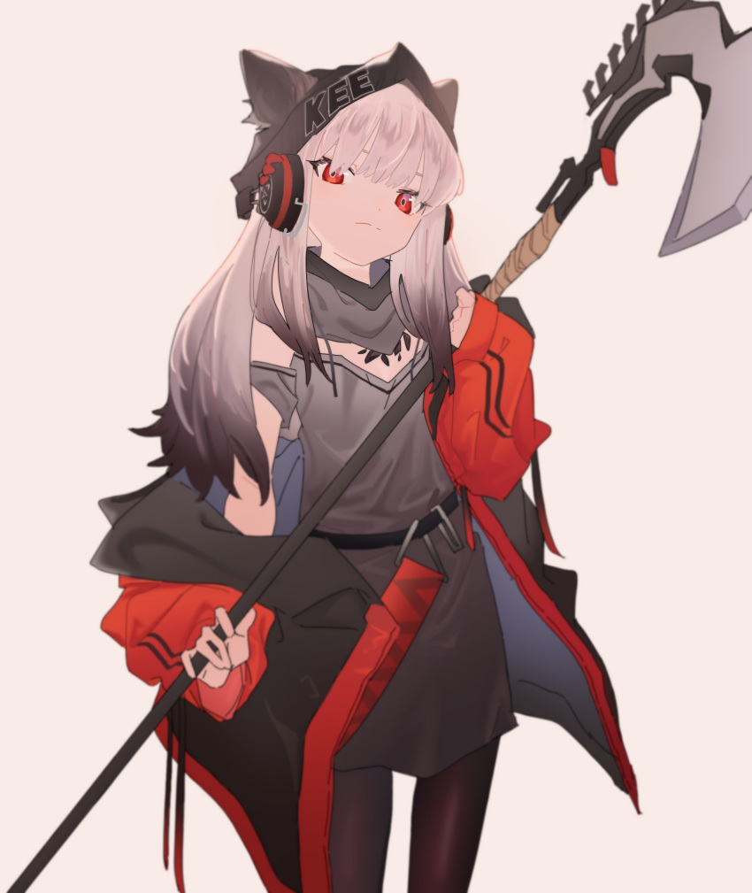 1girl animal_ears arknights black_hair black_headwear black_jacket black_legwear closed_mouth cowboy_shot detached_collar dobudouhu dress expressionless flat_chest fox_ears frostleaf_(arknights) gradient_hair grey_background grey_dress halberd hat headphones highres holding holding_weapon jacket long_hair looking_at_viewer multicolored_hair off-shoulder_dress off_shoulder open_clothes open_jacket oripathy_lesion_(arknights) pantyhose polearm red_eyes red_jacket silver_hair simple_background solo two-tone_hair two-tone_jacket weapon