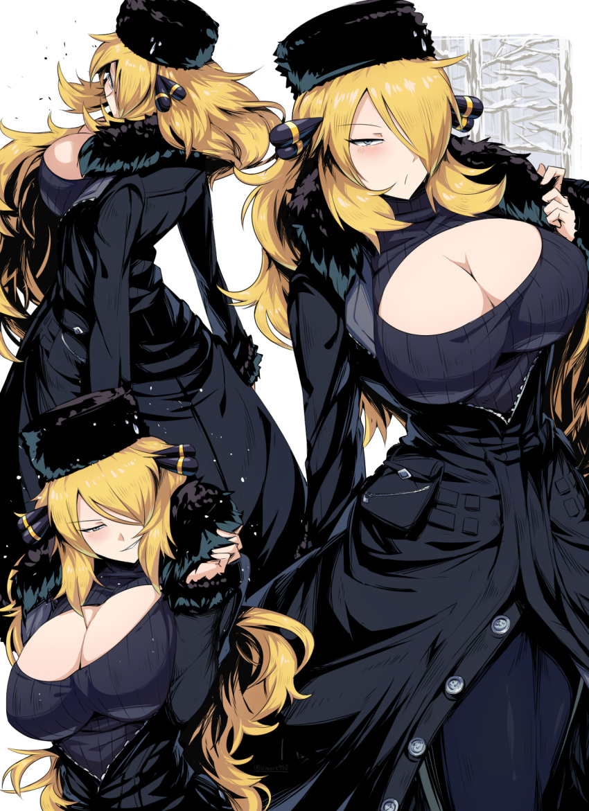 1girl alternate_breast_size alternate_costume black_coat black_pants black_sweater blonde_hair breasts buttons center_opening cleavage coat cynthia_(pokemon) elite_four from_behind fur_trim hair_ornament hair_over_one_eye half-closed_eye hat highres huge_breasts impossible_clothes impossible_sweater long_hair long_sleeves looking_at_viewer looking_back multiple_views pants parted_lips partially_unzipped pokemon pokemon_(game) pokemon_dppt pouch seductive_smile shimure_(460) smile sweater very_long_hair zipper