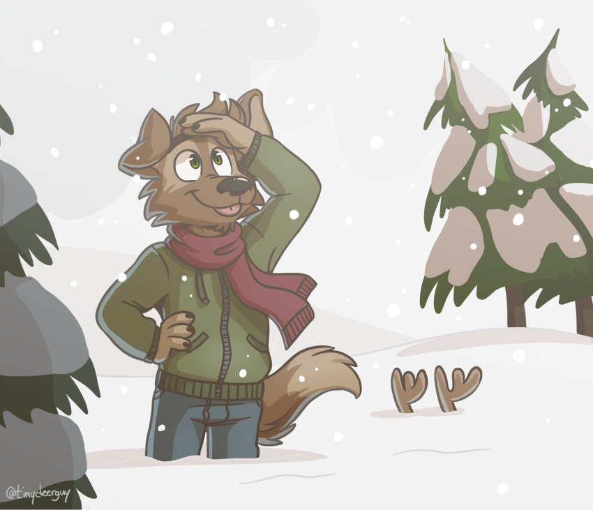 anthro antlers blep blue_bottomwear blue_clothing blue_jeans blue_pants bottomwear brown_body brown_fur canid canine canis cervid clothing darwin_(tinydeerguy) denim denim_clothing domestic_dog duo fur green_clothing green_eyes green_jacket green_topwear hand_on_head hand_on_side hi_res horn jacket jeans male mammal matt_riskely pants plant red_scarf scarf tinydeerguy tongue tongue_out topwear tree under_snow white_sky winter