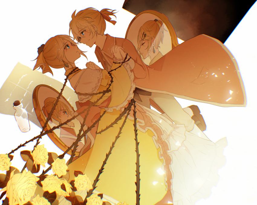 1boy 1girl aku_no_meshitsukai_(vocaloid) aku_no_musume_(vocaloid) aryuma772 blonde_hair blue_eyes bottle coat commentary countdown dress dutch_angle earrings evillious_nendaiki flower frilled_dress frills from_side highres holding_hands jewelry kagamine_len kagamine_rin looking_at_another medieval plant portrait_(object) rose short_hair short_ponytail smile spiked_hair thorns vines vocaloid white_background yellow_coat yellow_dress yellow_flower yellow_rose yellow_theme