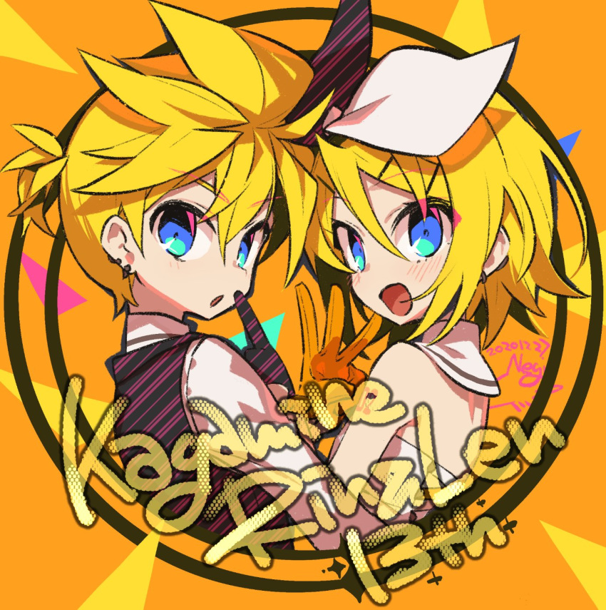 1boy 1girl anniversary bangs black_gloves black_vest blue_eyes bow character_name commentary dress earrings gloves hair_bow hair_ornament hairclip highres index_finger_raised jewelry kagamine_len kagamine_rin looking_at_viewer looking_back negi_(ulog'be) open_mouth orange_gloves shirt smile spiked_hair swept_bangs upper_body vest vocaloid w white_bow white_dress white_shirt