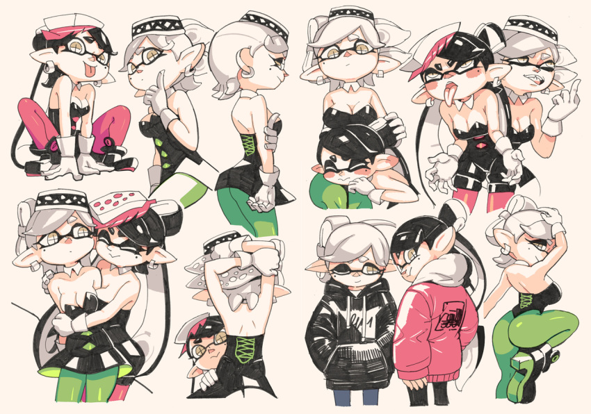 +_+ 2girls arm_up bare_shoulders black_dress black_footwear black_hoodie black_jumpsuit black_leotard breasts callie_(splatoon) cleavage closed_eyes cousins detached_collar domino_mask drawstring dress food food_on_head gloves green_legwear hood hoodie index_finger_raised leotard marie_(splatoon) mask medium_breasts middle_finger mole mole_under_eye multiple_girls multiple_views object_on_head one_eye_closed open_mouth pink_legwear shoes short_jumpsuit splatoon_(series) suction_cups tan_background tentacle_hair tongue tongue_out white_gloves yellow_eyes yuta_agc