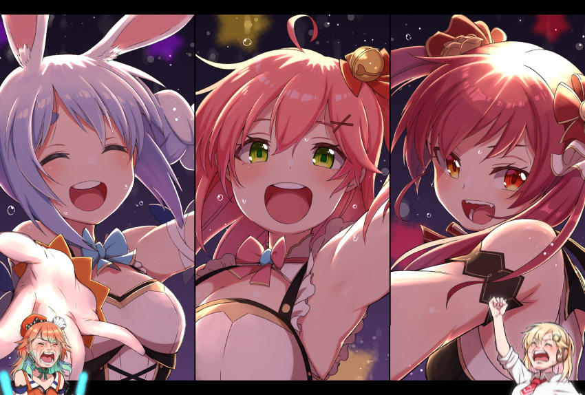 5girls :3 ahoge animal_ears aqua_hair arm_cuffs arm_up armpits bell beret blonde_hair blue_bow blush bow bowtie braid breasts bunny_ears cheering chef_hat closed_eyes collared_shirt commentary crying dress earrings feather_earrings feathers gear_hair_ornament gradient_hair green_eyes hair_bell hair_ornament hat heterochromia highres hololive hololive_english houshou_marine idol jewelry konboi-eg letterboxed light_blue_hair long_hair looking_at_viewer medium_breasts medium_hair mini_hat multicolored_hair multiple_girls necktie official_alternate_costume open_mouth orange_eyes orange_hair orange_vest outstretched_hand panels parody pink_bow pink_hair raised_fist red_eyes red_hair red_headwear red_neckwear sakura_miko shirt short_hair shouting side_ponytail sleeves_rolled_up smile sweat takanashi_kiara thick_eyebrows twin_braids twintails two-tone_hair usada_pekora vest virtual_youtuber watson_amelia white_dress white_hair white_headwear white_shirt wing_collar x_hair_ornament