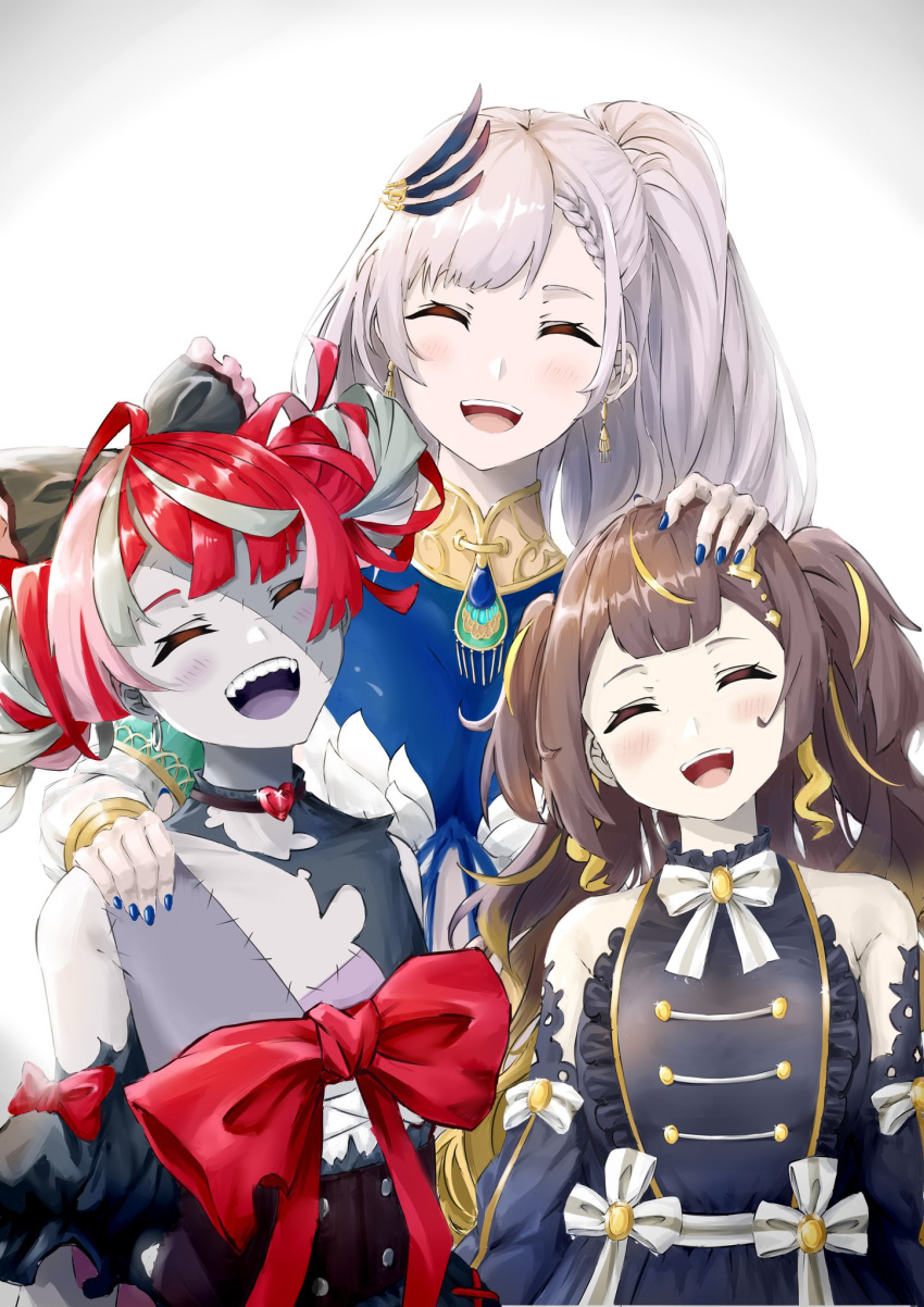 3girls ^_^ anya_melfissa bangs black_bow blonde_hair blush bow breasts brown_hair closed_eyes colored_skin fairxw feather_hair_ornament flat_chest gradient_hair grey_hair grey_skin hair_bow hand_on_another's_head highres hololive hololive_indonesia huge_bow kureiji_ollie large_breasts medium_breasts multicolored_hair multiple_girls open_mouth pavolia_reine pink_hair red_bow red_hair side_ponytail silver_hair stitched_face stitches streaked_hair virtual_youtuber white_background zombie