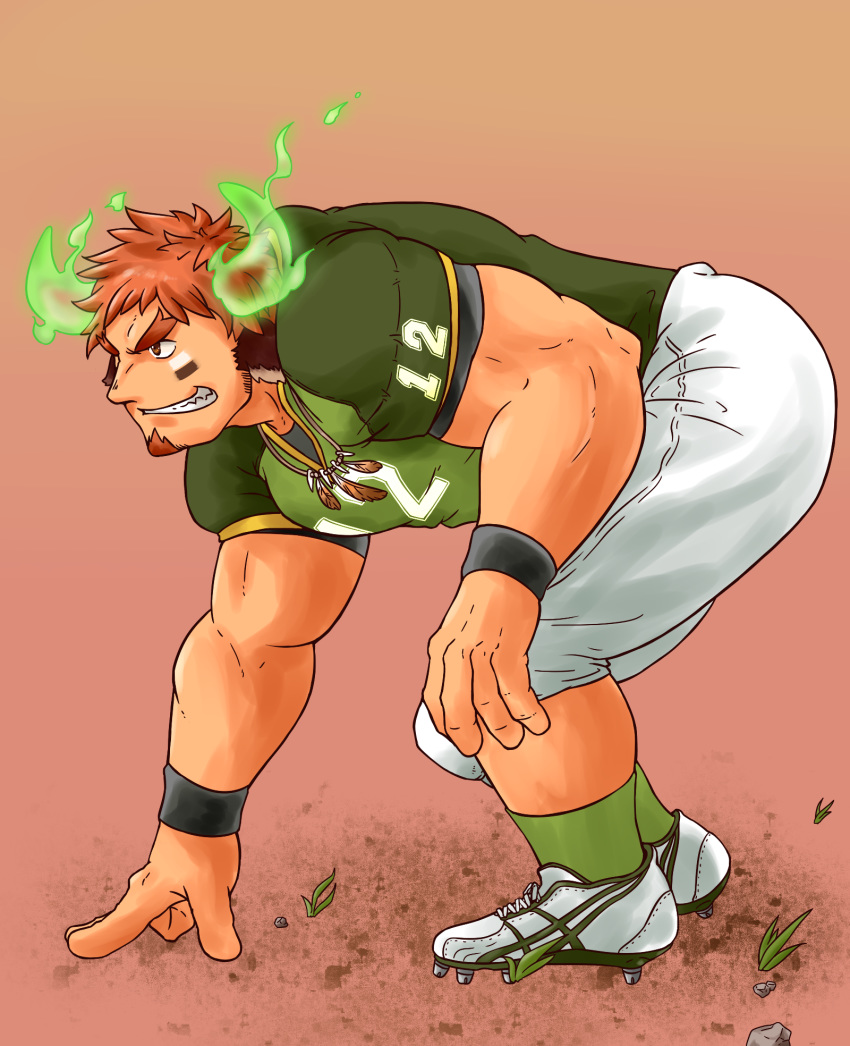 1boy american_football_uniform animal_ears ass bara brown_hair cow_boy cow_ears dark_skin dark_skinned_male facial_hair feather_necklace forked_eyebrows from_side full_body glowing_horns goatee green_shirt highres horns looking_to_the_side male_focus minatsumi muscular muscular_male pectorals shirt short_hair shorts solo sportswear squatting thick_eyebrows tight_shirt tokyo_houkago_summoners wakan_tanka white_shorts