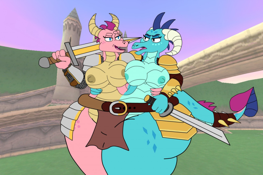 anthro armoe breasts conjoined duo female friendship_is_magic hasbro melee_weapon milk my_little_pony pilot129 princess_ember_(mlp) sword weapon