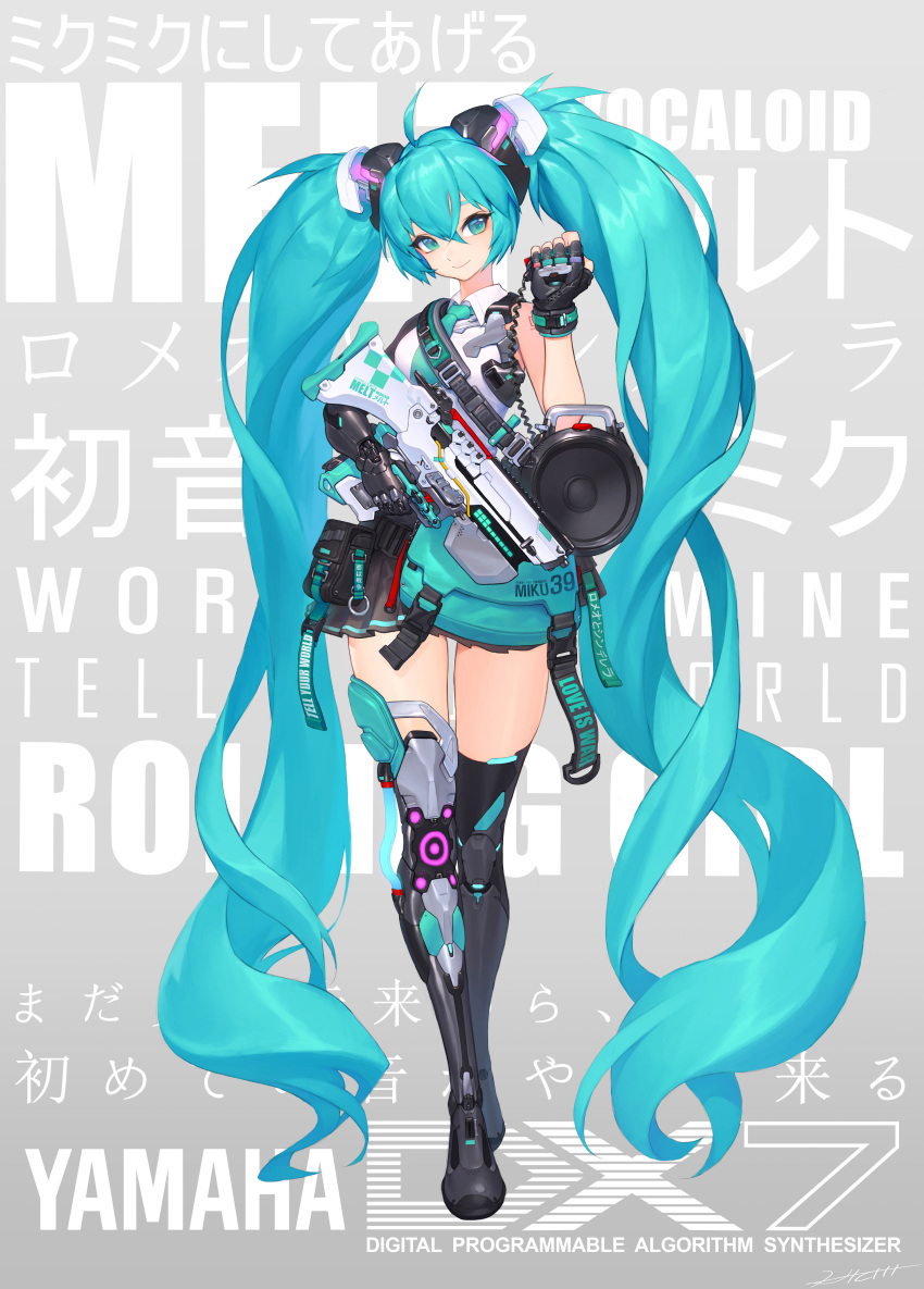 1girl absurdly_long_hair absurdres ahoge aqua_eyes aqua_hair aqua_neckwear black_gloves black_legwear commentary controller cyborg english_text fingerless_gloves full_body gloves gun hair_between_eyes hatsune_miku headgear hichi highres holding holding_gun holding_weapon long_hair mechanical_arm mechanical_leg military_operator mixed-language_commentary necktie pouch public_address_system remote_control shirt shoulder_tattoo single_glove single_thighhigh sleeveless sleeveless_shirt smile solo song_name speaker submachine_gun suspenders_hanging tattoo thighhighs translated trigger_discipline twintails very_long_hair vocaloid weapon