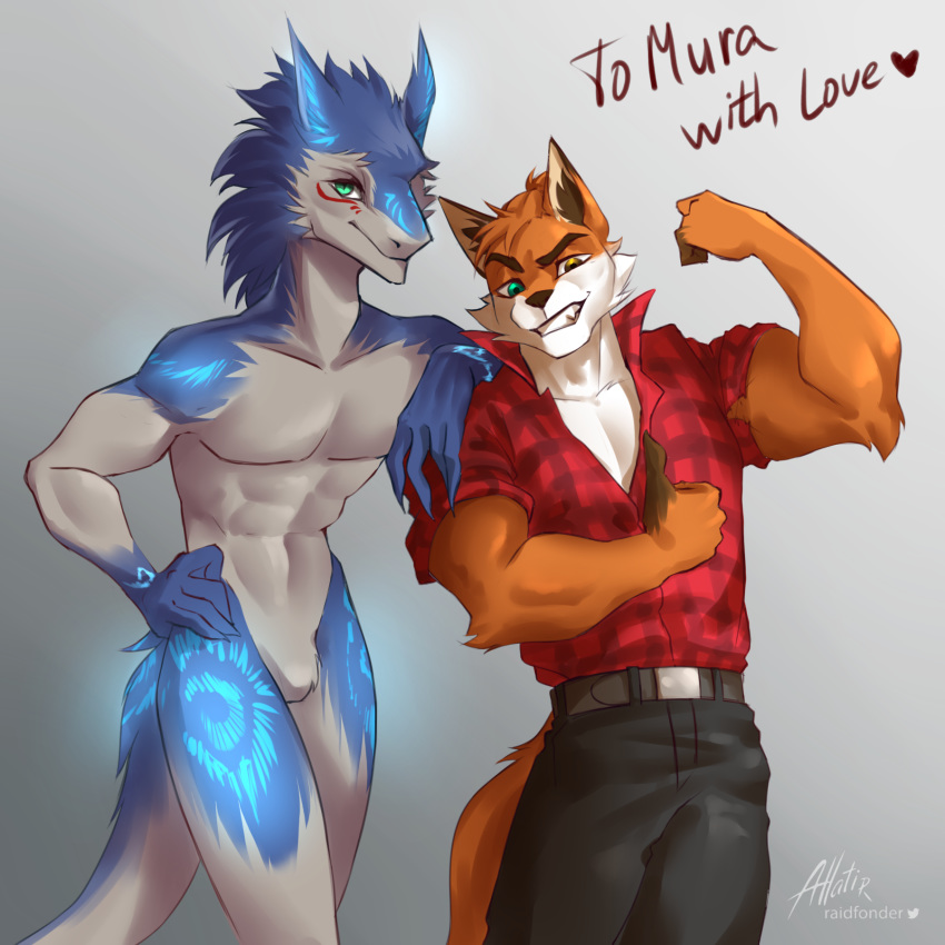 1:1 allatir anthro canid canine duo flexing flexing_bicep fox gerg_the_sergal gergserg gesture hi_res leaning_on_shoulder male mammal manly mountain_aj muscular plantigrade pose sergal smile thumbs_up