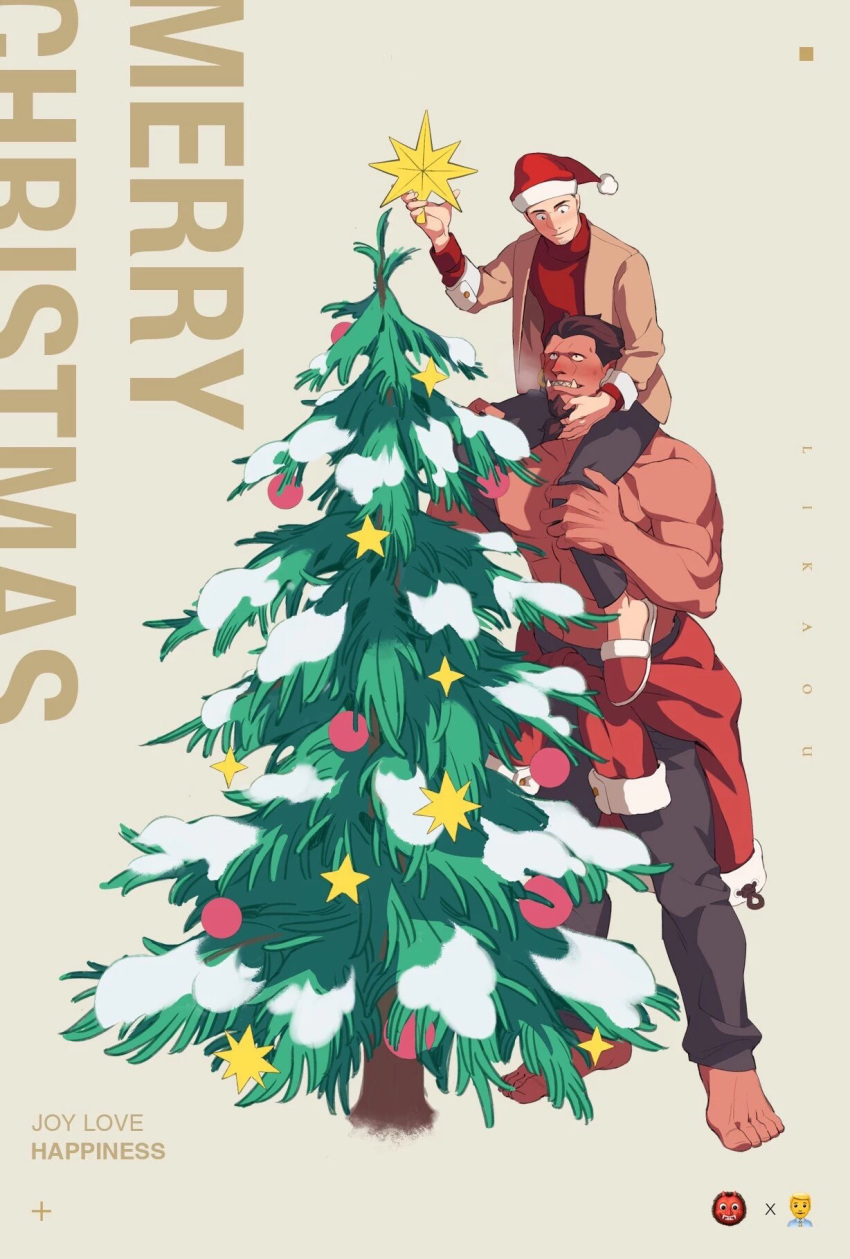 2boys alternate_costume bara barefoot black_hair blush boyfriend_(likaou) carrying christmas christmas_ornaments christmas_tree clothes_around_waist colored_skin couple facial_hair fangs full_body giant giant_male goatee hand_on_another's_face hat highres likaou looking_at_another male_focus merry_christmas multiple_boys muscular muscular_male nipples original pectorals pointy_ears red_eyes red_oni_(likaou) red_skin santa_hat shirt shirt_around_waist shirtless short_hair shoulder_carry sideburns size_difference yaoi