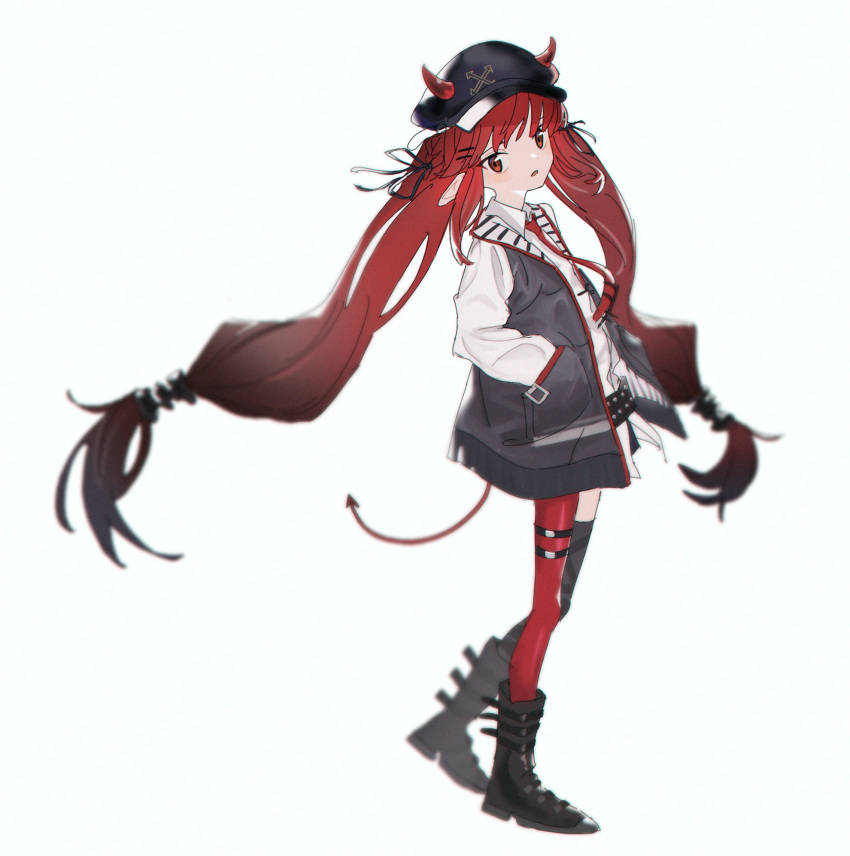 1girl arknights belt black_belt black_footwear black_headwear black_jacket black_legwear blurry boots braid cabbie_hat collared_shirt demon_horns demon_tail depth_of_field dobudouhu dress_shirt expressionless from_side hair_ornament hair_ribbon hairclip hand_in_pocket hat highres horns jacket long_hair looking_at_viewer low-tied_long_hair mismatched_legwear necktie open_clothes open_jacket open_mouth pointy_ears red_eyes red_legwear red_neckwear ribbon shirt simple_background solo studded_belt tail thighhighs twintails two-tone_jacket very_long_hair vigna_(arknights) white_background white_jacket white_shirt wing_collar