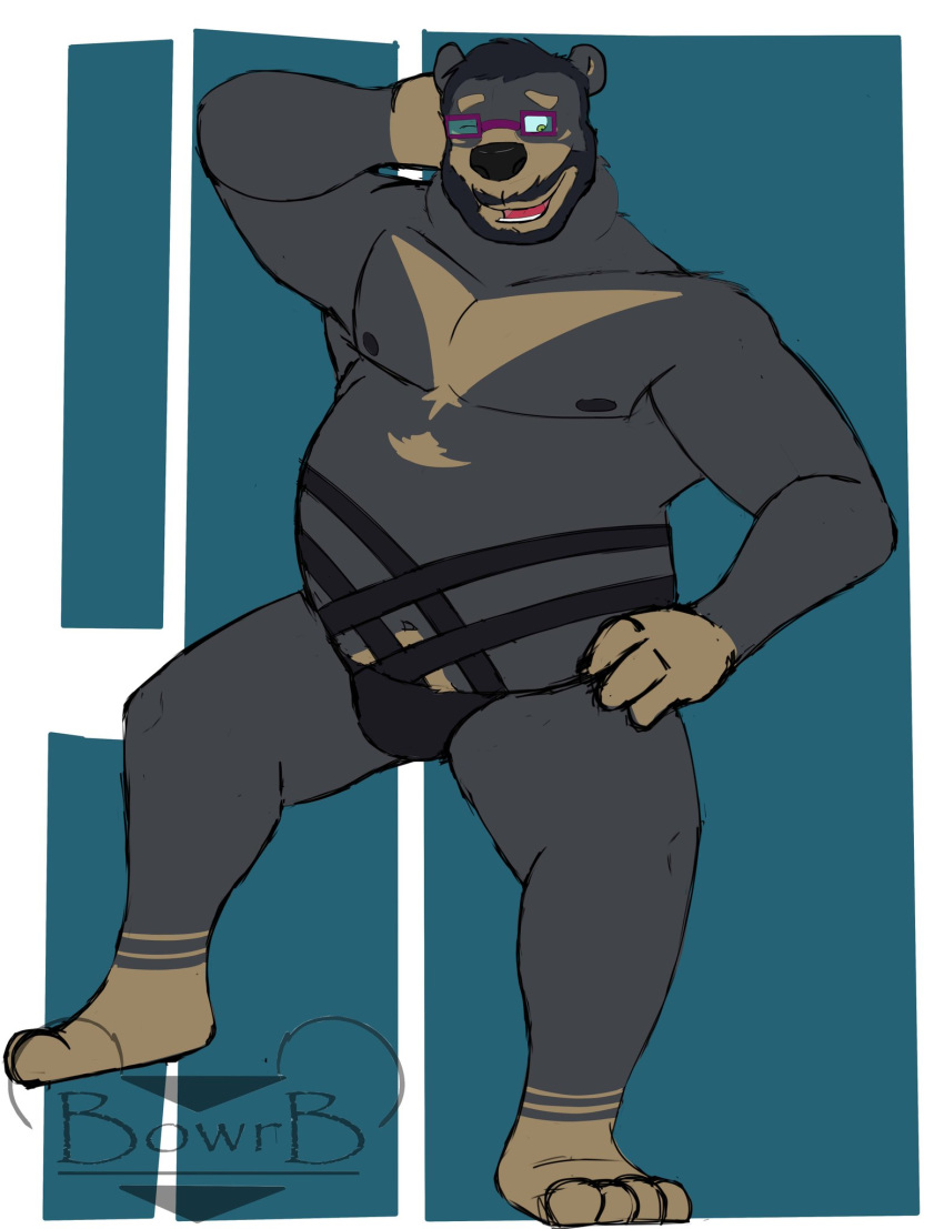 2019 anthro beard belly black_body black_fur black_nose bowrb_(character) bowrbbear clothing eyewear facial_hair fur glasses hi_res humanoid_hands male mammal navel nipples overweight overweight_anthro overweight_male solo underwear ursid