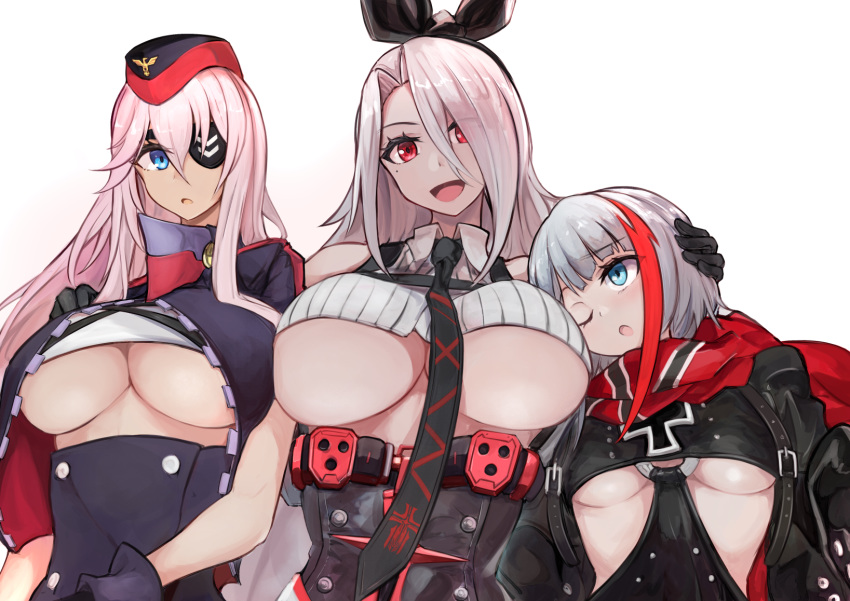 3girls :d :o ;o admiral_graf_spee_(azur_lane) anchor_symbol azur_lane bangs bare_shoulders black_dress black_eyepatch black_gloves black_hairband black_neckwear black_skirt blue_eyes breasts clothing_cutout collared_shirt commentary_request crop_top dress eyebrows_visible_through_hair eyepatch eyes_visible_through_hair garrison_cap gloves hair_between_eyes hair_over_one_eye hairband hand_on_another's_head hand_on_another's_shoulder hat height_difference high-waist_skirt highres iron_blood_(emblem) iron_cross jacket large_breasts long_hair long_sleeves looking_at_another looking_at_viewer marshall_k medium_breasts mole mole_under_eye multicolored multicolored_clothes multicolored_hair multicolored_jacket multiple_girls necktie neckwear_between_breasts o-ring one_eye_closed open_clothes open_jacket open_mouth parted_bangs pink_hair prinz_heinrich_(azur_lane) purple_jacket red_eyes red_hair red_scarf ribbed_shirt scarf scharnhorst_(azur_lane) shirt short_hair short_sleeves sidelocks silver_hair simple_background skirt smile standing streaked_hair trait_connection underboob underboob_cutout upper_body very_long_hair white_background white_shirt