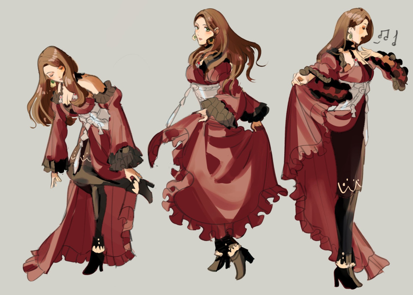 1girl adjusting_footwear bare_shoulders blush blush_stickers breasts brown_hair cleavage closed_eyes closed_mouth commentary corset detached_sleeves dorothea_arnault dress earrings english_commentary fire_emblem fire_emblem:_three_houses frilled_dress frills green_eyes grey_background highres jewelry lips long_hair looking_at_viewer makeup medium_breasts music musical_note open_mouth red_dress shy_(ribboneels) simple_background singing solo