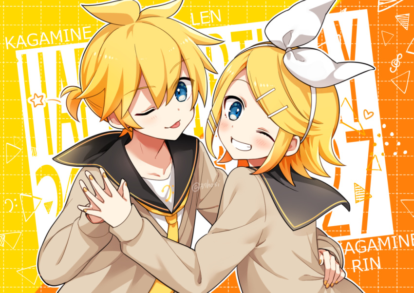 1boy 1girl :d :p bangs bass_clef birthday black_collar blonde_hair blue_eyes bow brown_sweater character_name collar commentary grey_collar grid_background grin hair_bow hair_ornament hairclip hand_on_another's_waist hands_together happy_birthday heart kagamine_len kagamine_rin looking_at_viewer minahoshi_taichi necktie one_eye_closed open_mouth sailor_collar school_uniform shirt short_hair short_ponytail smile spiked_hair star_(symbol) sweater swept_bangs tongue tongue_out treble_clef triangle twitter_username upper_body vocaloid white_bow white_shirt yellow_neckwear