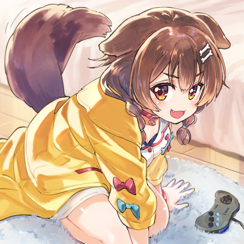 1girl animal_ears bed blush bone_hair_ornament braid breasts brown_hair cleavage collar commentary controller dog_ears dog_tail dress eyebrows_visible_through_hair fang full_body game_controller hair_between_eyes hair_ornament highres hololive indoors inugami_korone jacket kneeling looking_at_viewer medium_breasts medium_hair motion_lines nail_polish open_mouth red_collar red_eyes rug sakino_shingetsu side_braids smile solo tail tail_wagging twin_braids virtual_youtuber white_dress wooden_floor yellow_jacket yellow_nails