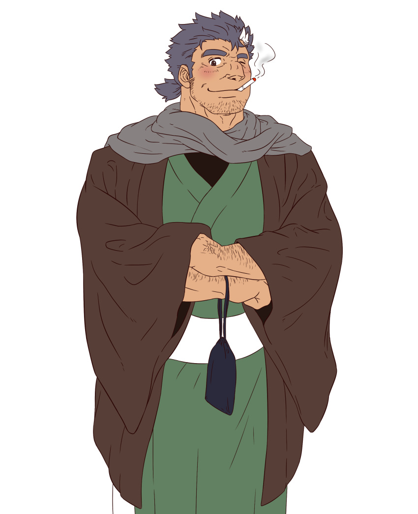 1boy absurdres alternate_costume arm_hair bara blush crossed_arms facial_hair feet_out_of_frame green_kimono grey_hair highres japanese_clothes kimono male_focus minatsumi mononobe_kyoma_(tokyo_houkago_summoners) multicolored_hair old old_man short_hair sideburns smile solo streaked_hair stubble tokyo_houkago_summoners white_hair