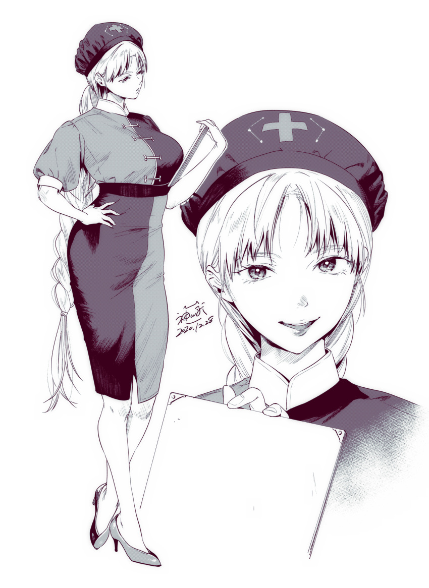 1girl absurdres bangs banned_artist braid braided_ponytail breasts clipboard constellation_print cropped_shoulders dated full_body hand_on_hip hat high_heels highres holding holding_clipboard kamiyama_aya large_breasts long_hair looking_at_viewer monochrome nurse_cap parted_bangs parted_lips projected_inset puffy_short_sleeves puffy_sleeves reading short_sleeves signature simple_background smile solo standing touhou two-tone_dress very_long_hair white_background white_hair yagokoro_eirin