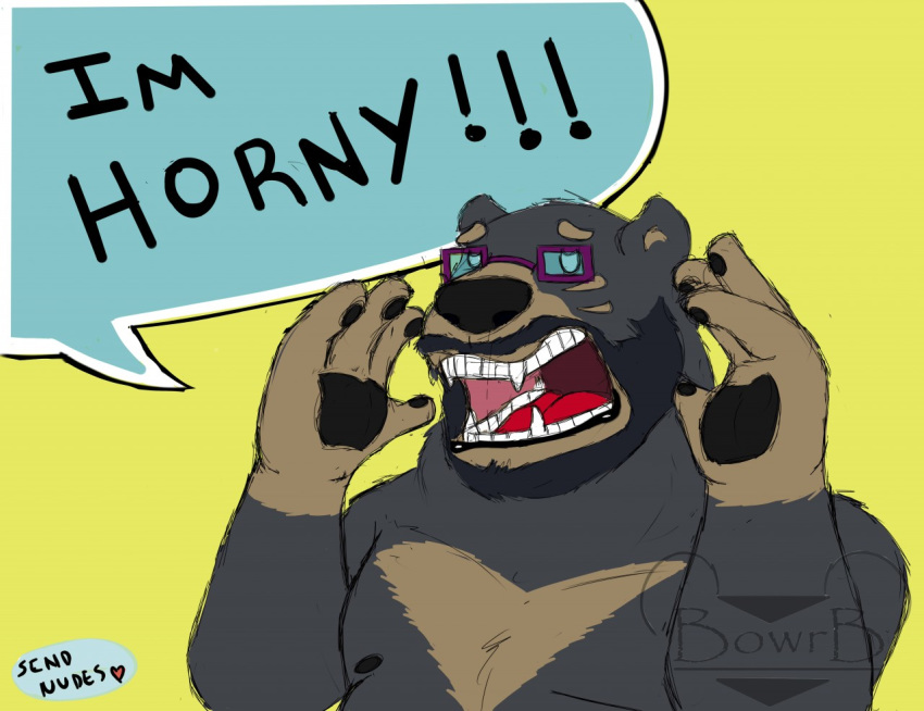 2018 anthro belly black_body black_fur bowrb_(character) bowrbbear english_text eyewear fur glasses humanoid_hands male mammal open_mouth overweight overweight_anthro overweight_male simple_background solo text ursid